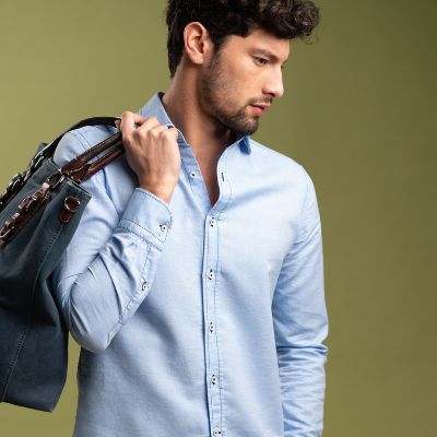 Camicia uomo misto cotone con cuciture a contrasto